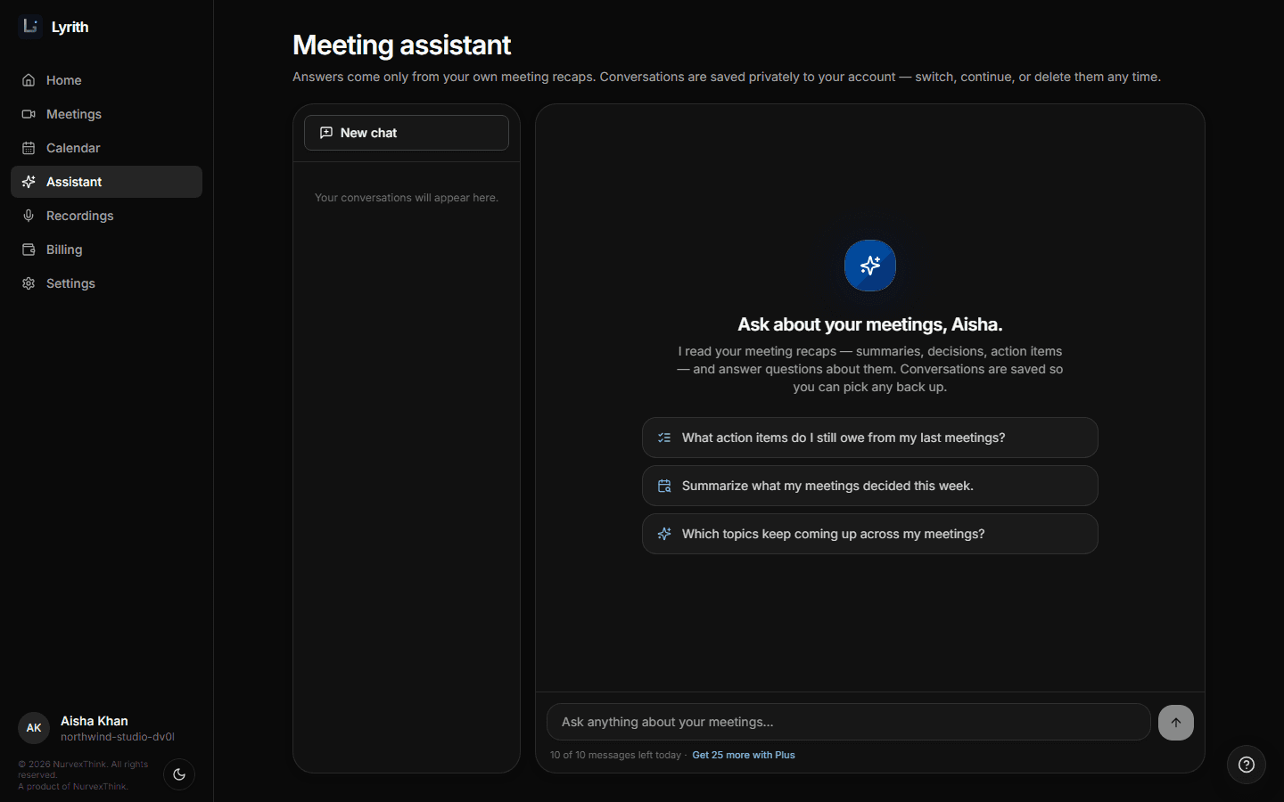 The Lyrith meeting assistant: saved conversations sidebar and starter questions like “What action items do I still owe?”