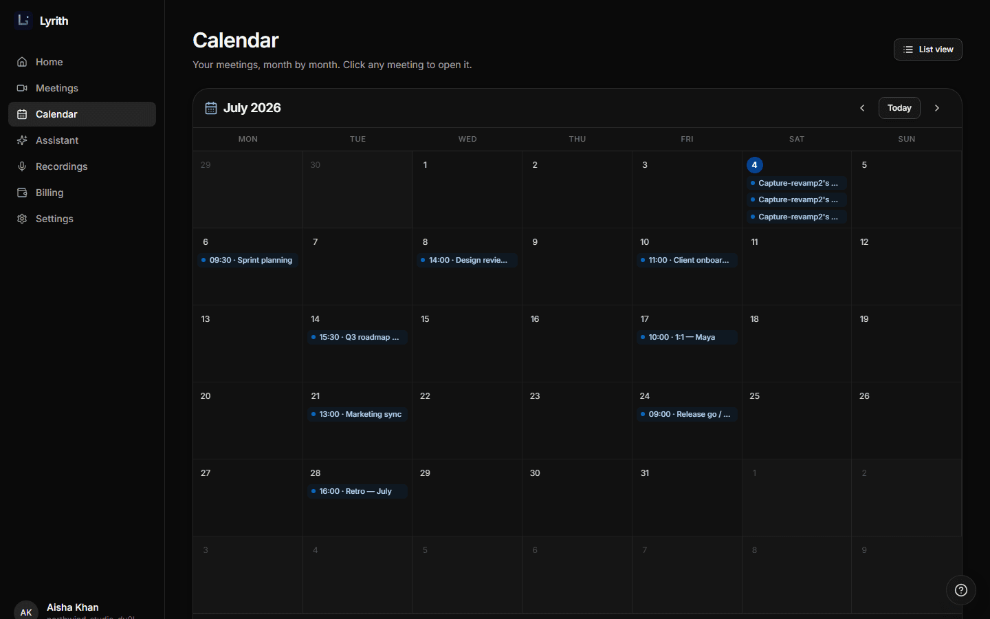 The Lyrith calendar: a July month grid with scheduled meetings — sprint planning, design review, client onboarding, roadmap workshop