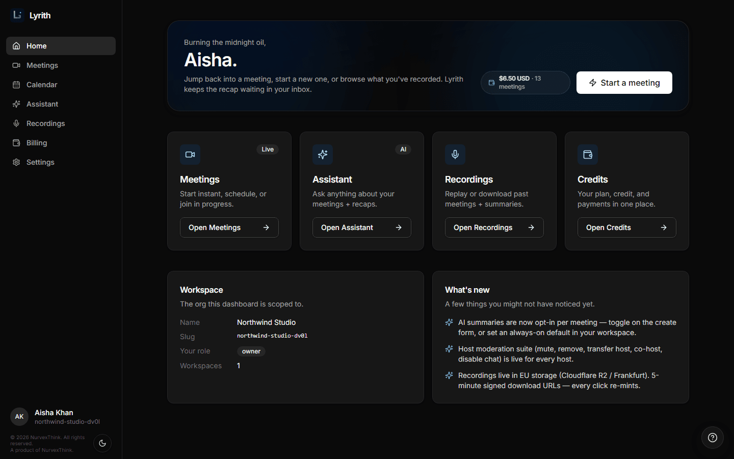 The Lyrith dashboard: credit balance, one-click meeting start, AI assistant, recordings, and credits — in dark mode