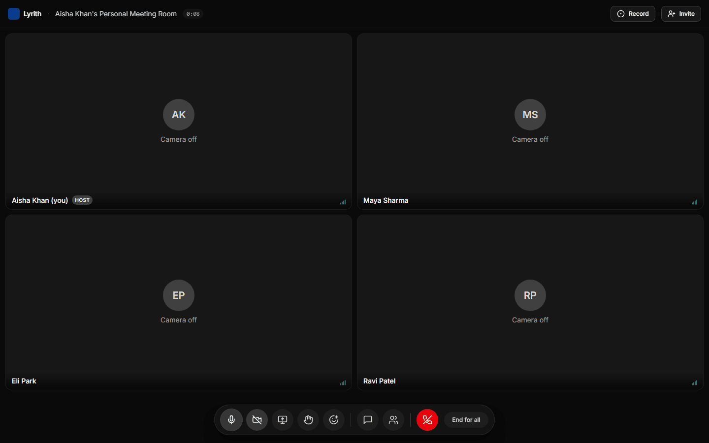 A live Lyrith meeting: four participant tiles with host badge and speaking ring, Record and Invite buttons, and the control bar with mic, camera, screen share, raise hand, reactions, chat, and participants